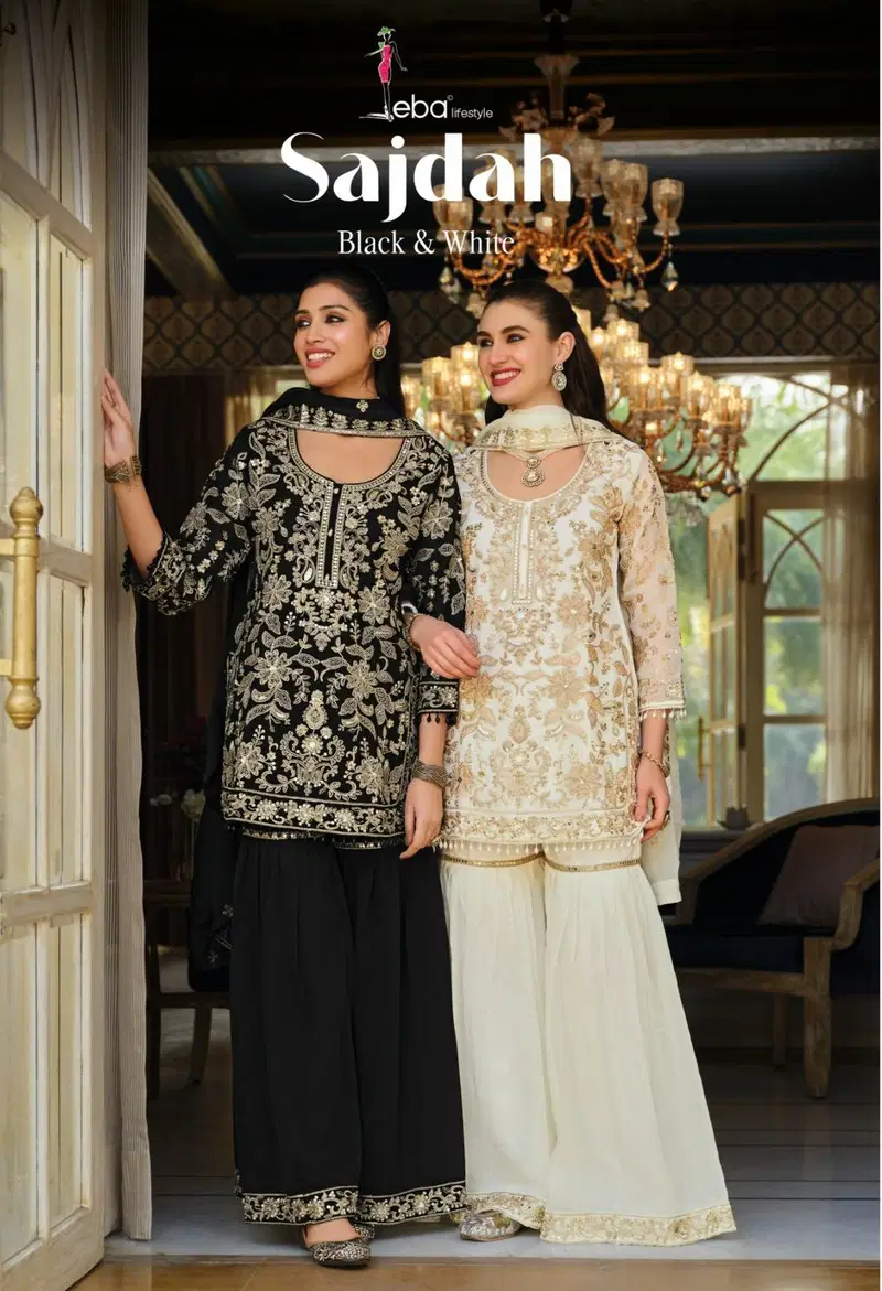 Eba Sajdah Black And White Nc Moss Silk Beads Worked Salwar Kameez