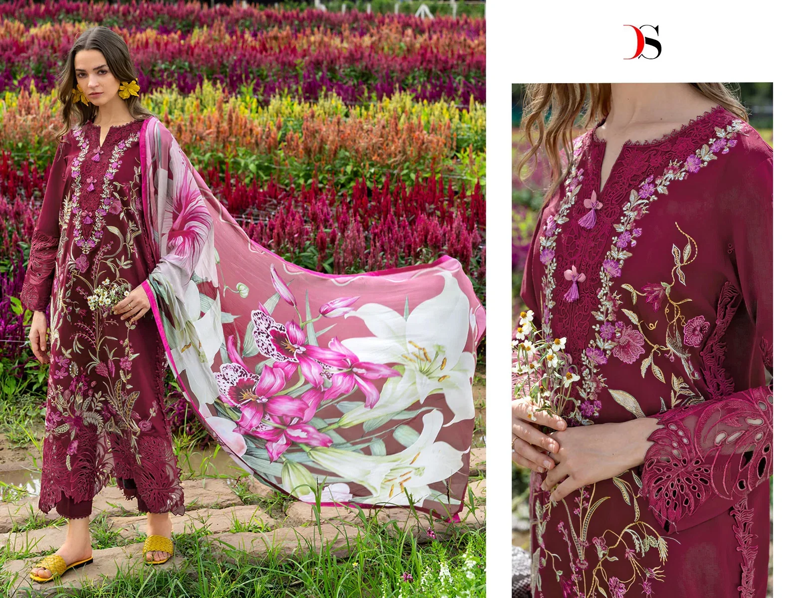 Deepsy Mushq Vol 3 Lawn Chiffon Dupatta Cotton Embroidered Salwar Kameez