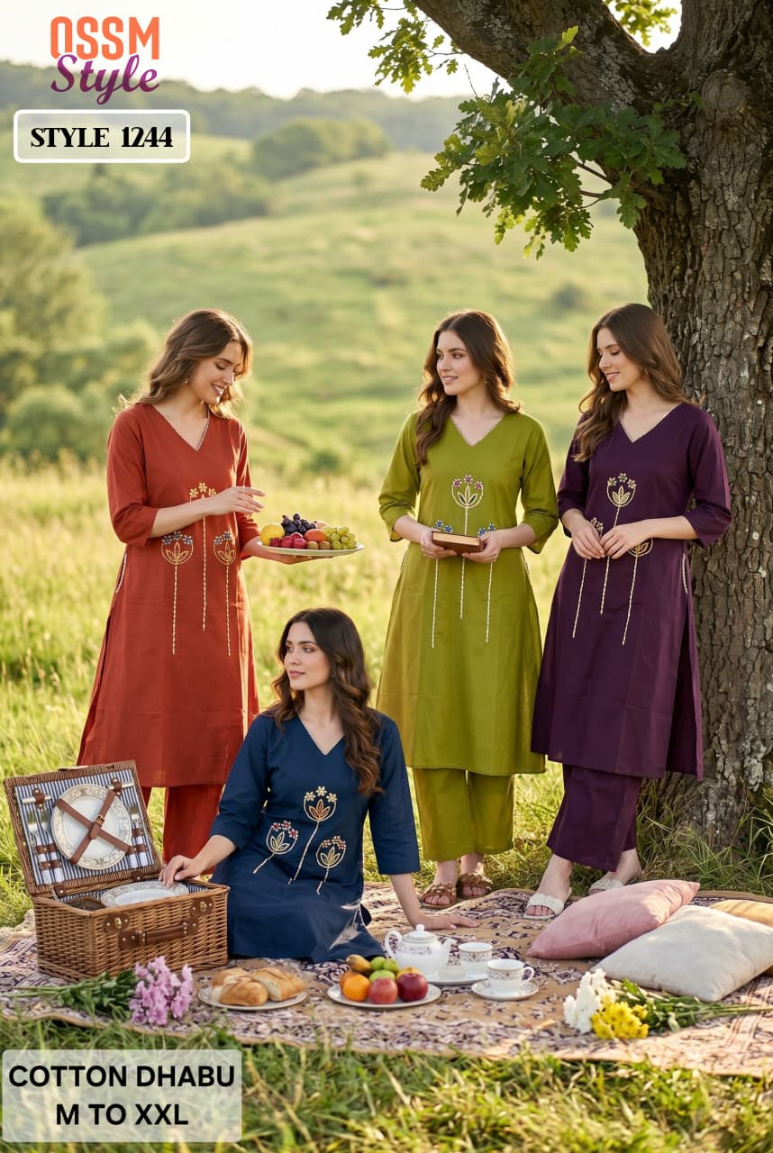 Ossm Style 1244 Cotton Dhabu Embroidered Kurti With Bottom
