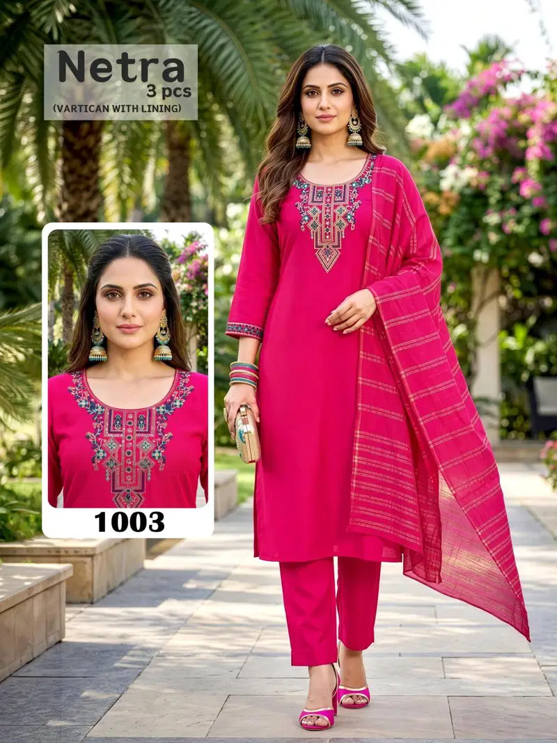 Netra Lining Vol 1 Vartican Plain Embroidery Worked Kurti Set Collection