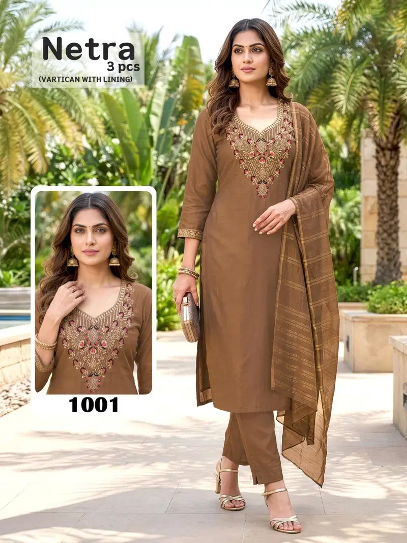 Netra Lining Vol 1 Vartican Plain Embroidery Worked Kurti Set Collection