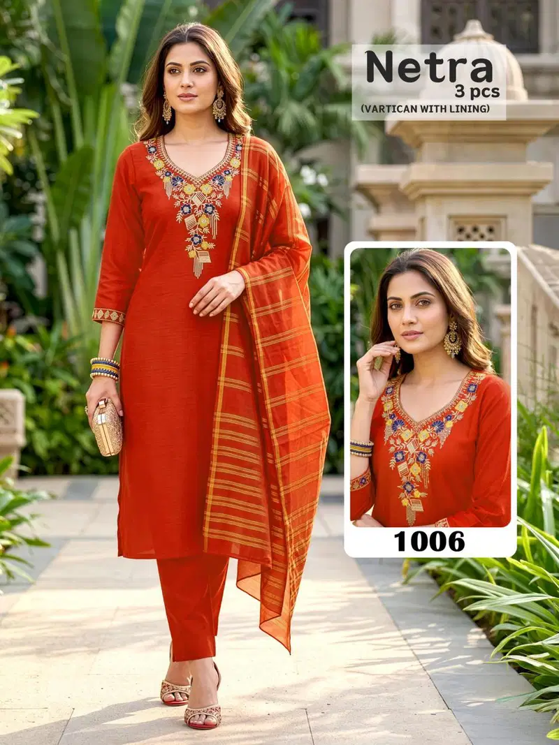 Netra Lining Vol 1 Vartican Plain Embroidery Worked Kurti Set Collection