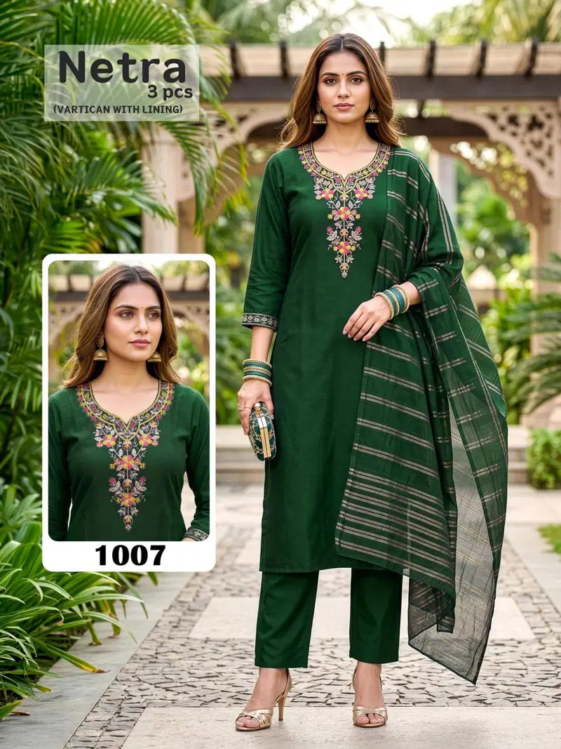 Netra Lining Vol 1 Vartican Plain Embroidery Worked Kurti Set Collection
