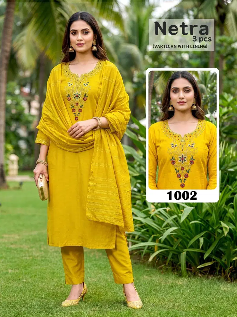 Netra Lining Vol 1 Vartican Plain Embroidery Worked Kurti Set Collection