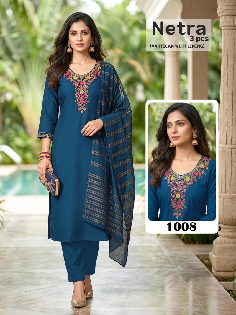 Netra Lining Vol 1 Vartican Plain Embroidery Worked Kurti Set Collection