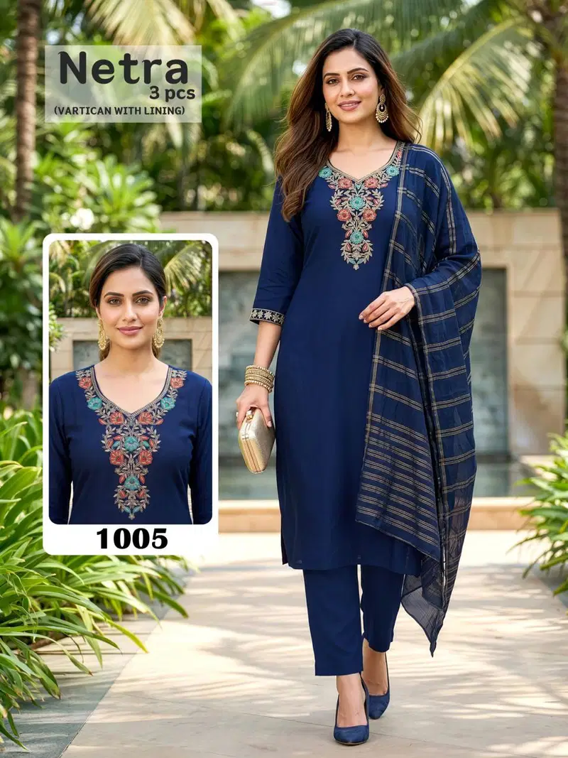 Netra Lining Vol 1 Vartican Plain Embroidery Worked Kurti Set Collection