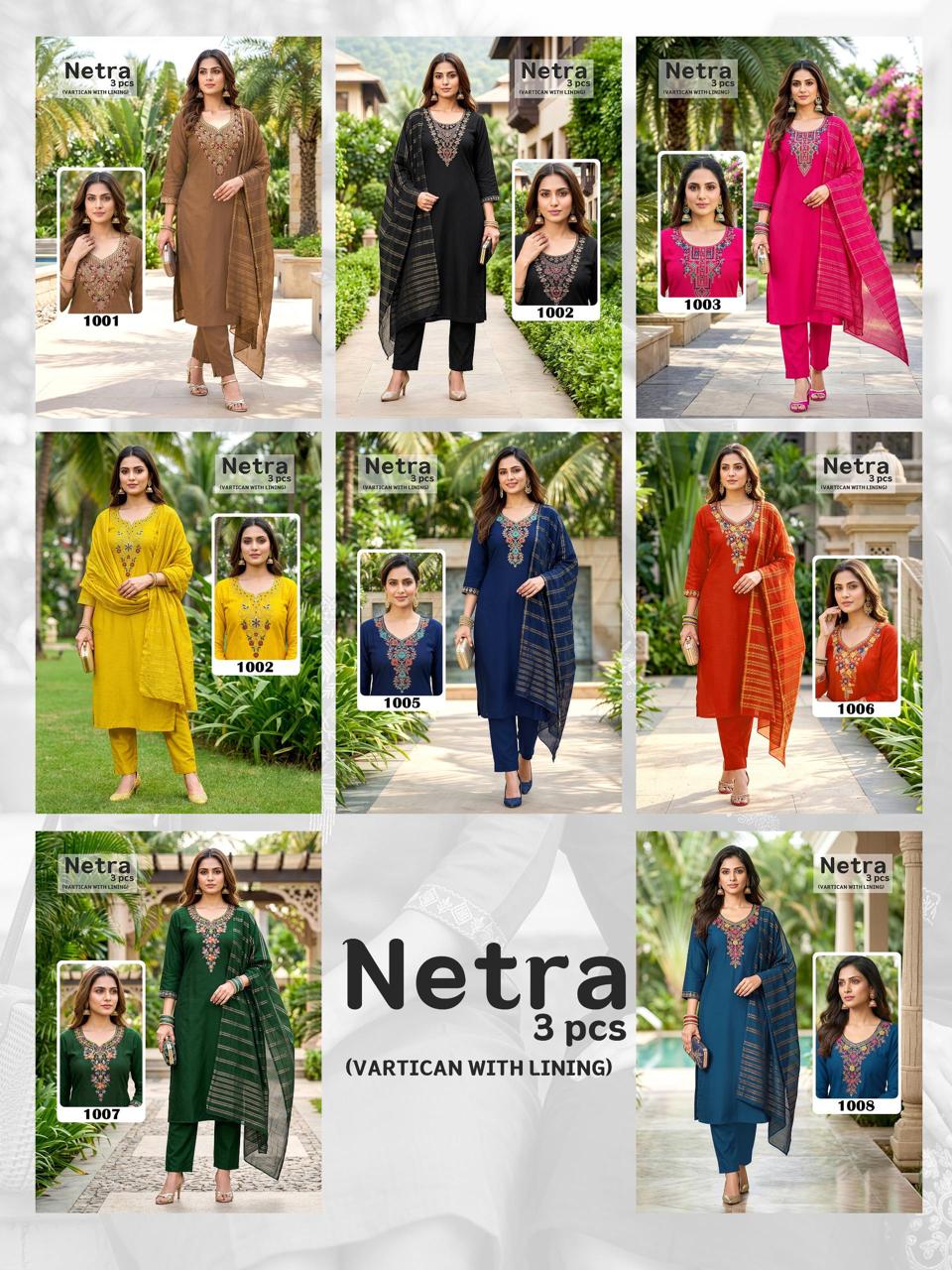 Netra Lining Vol 1 Vartican Plain Embroidery Worked Kurti Set Collection