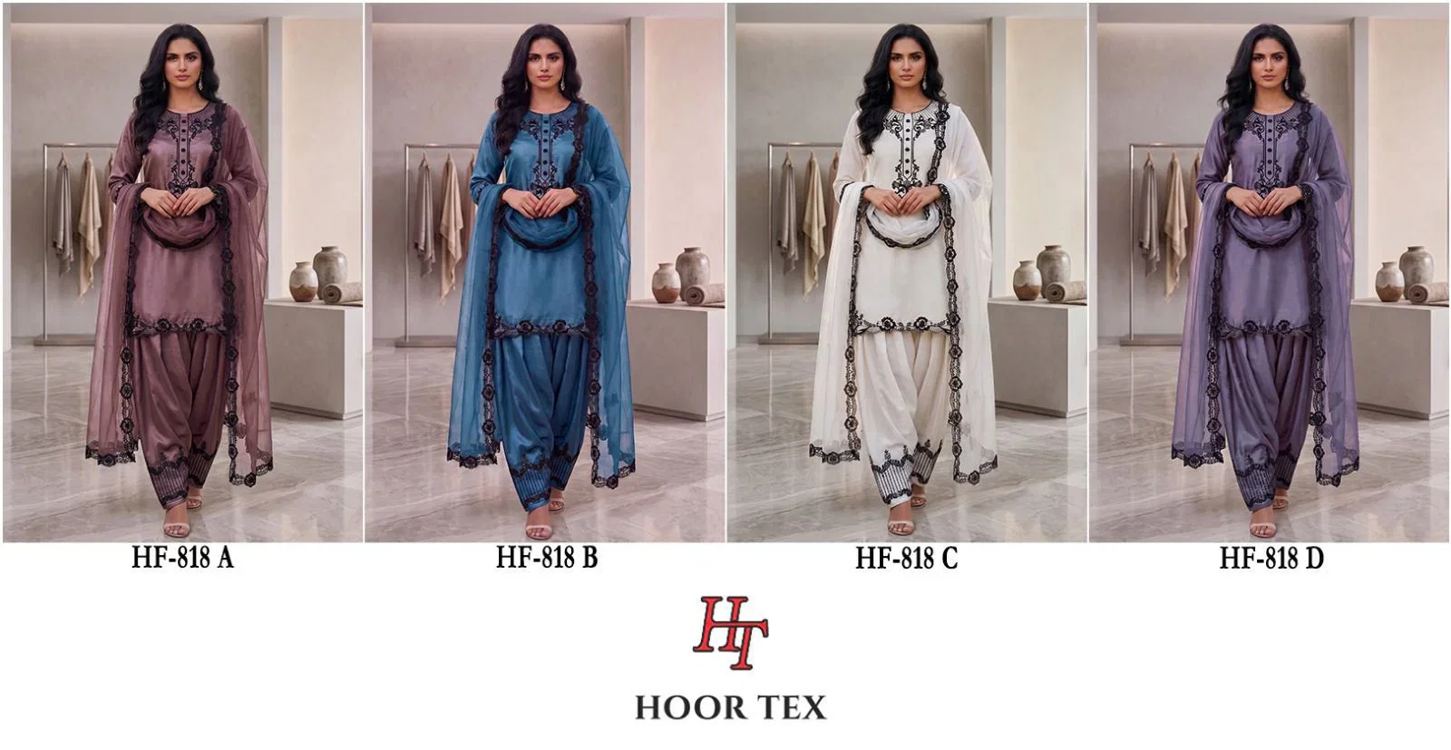 Hoor Tex 818 A To D Readymade Satin Embroidered Salwar Kameez Collection 
