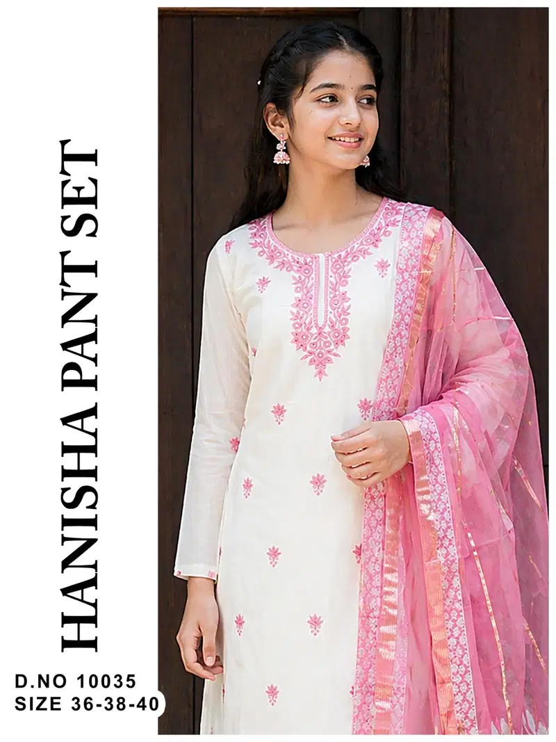 Hanisha 10035 Roman Silk Embroidery Kurti With Pant Dupatta