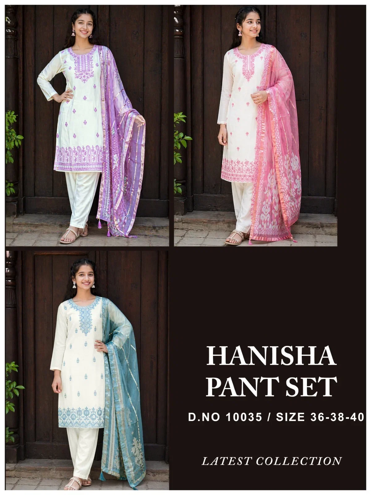 Hanisha 10035 Roman Silk Embroidery Kurti With Pant Dupatta