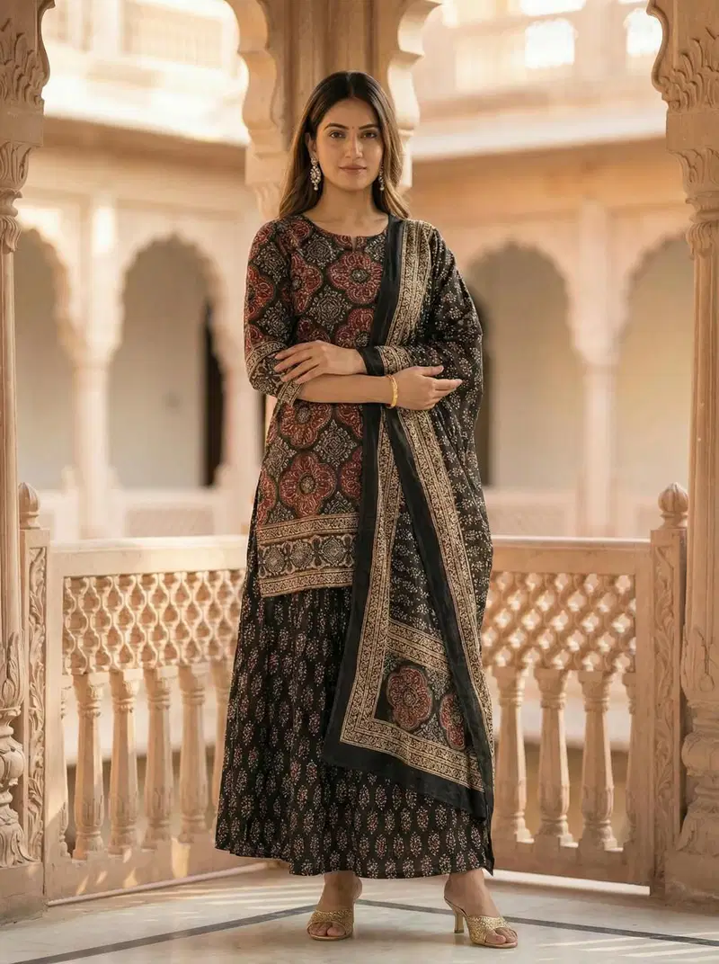 Naisha K 962 Cotton Ajrakh Printed Kurti With Bottom Dupatta