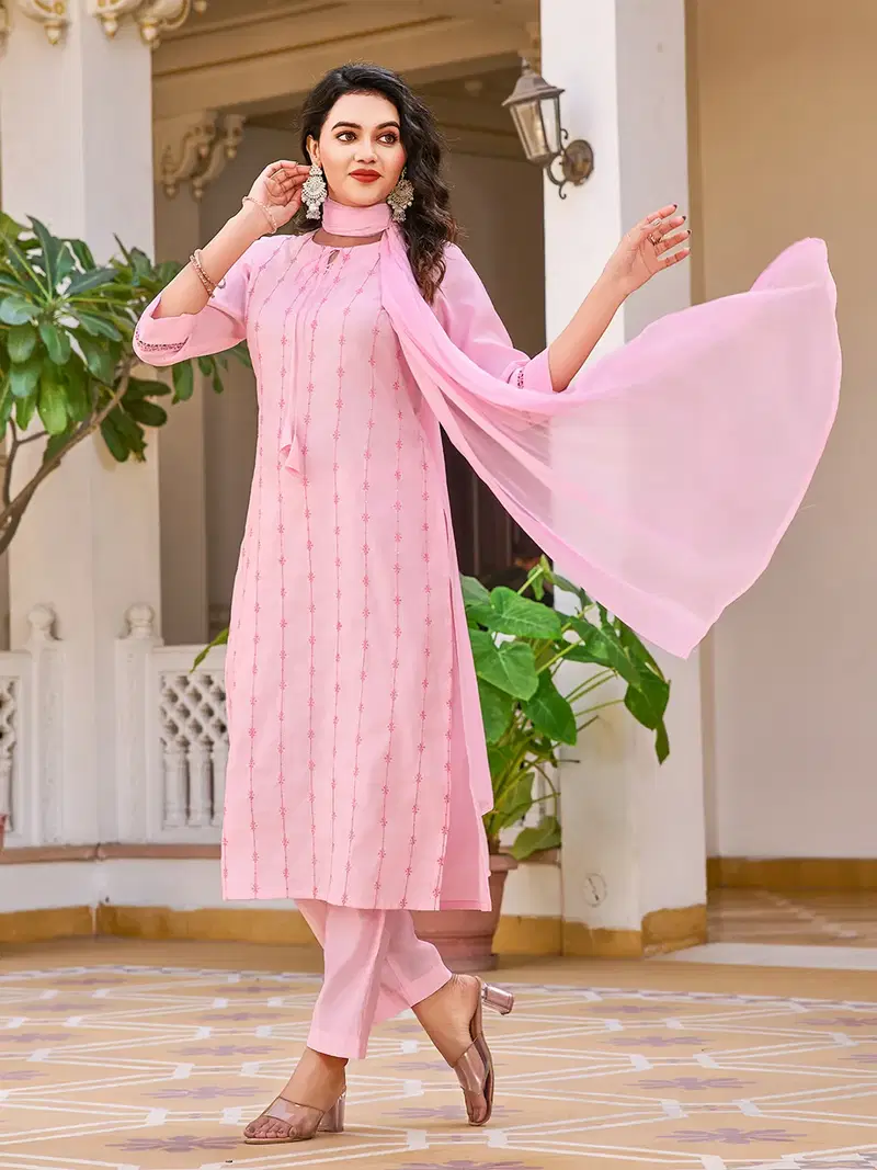 Dhruvi 436 Cotton Embroidery Kurti Pant And Dupatta Collection