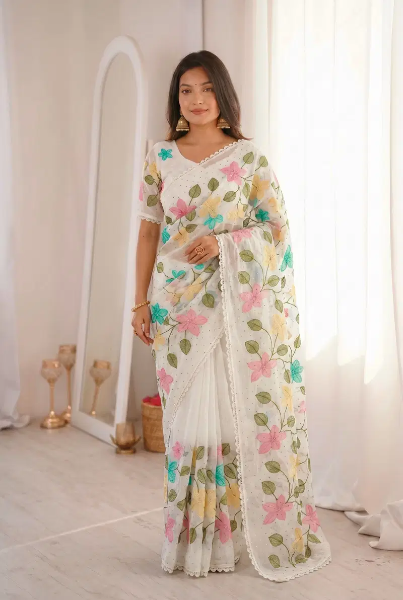 Bt 1311 Viscose Crunchy Silk Floral Embroidery Worked Saree Collection