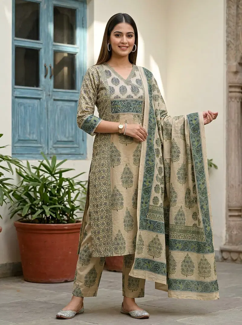 Naisha K 964 Pure Cotton Printed Kurti With Bottom Dupatta