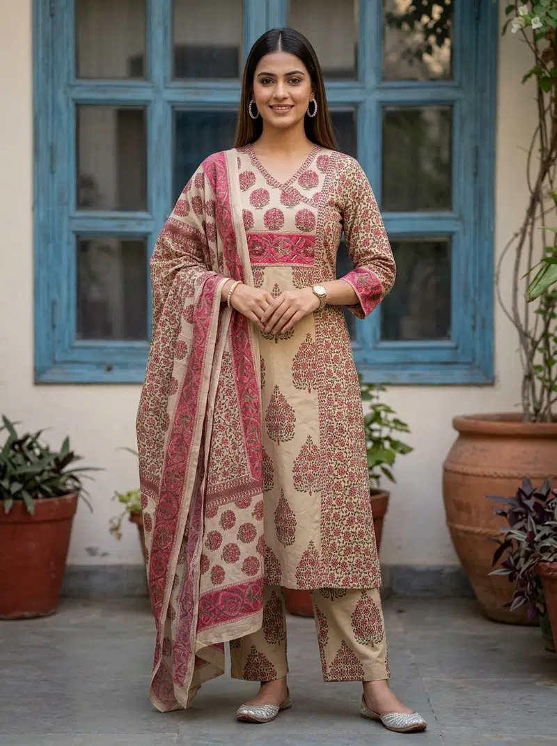 Naisha K 964 Pure Cotton Printed Kurti With Bottom Dupatta