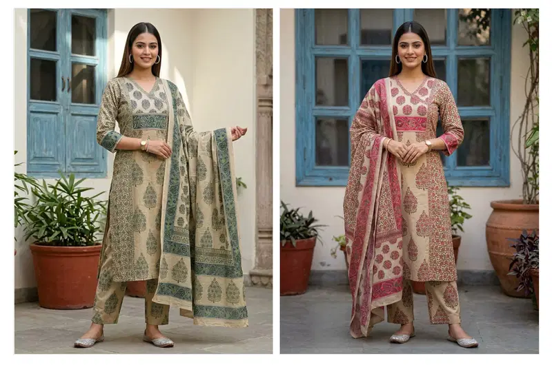 Naisha K 964 Pure Cotton Printed Kurti With Bottom Dupatta