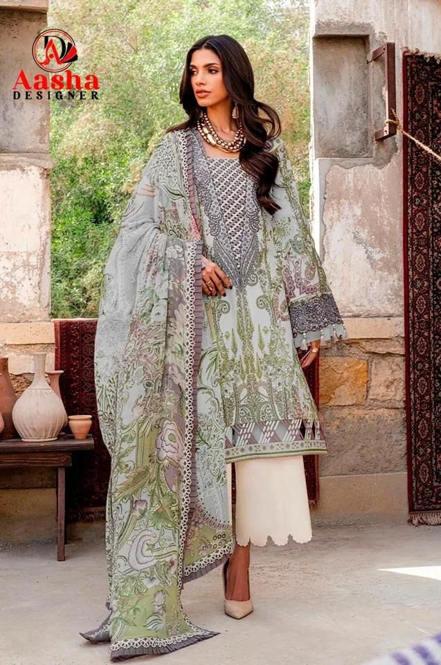 Aasha 1215 A And B Chiffon Dupatta Cotton Printed Patch Embroidery Salwar Kameez