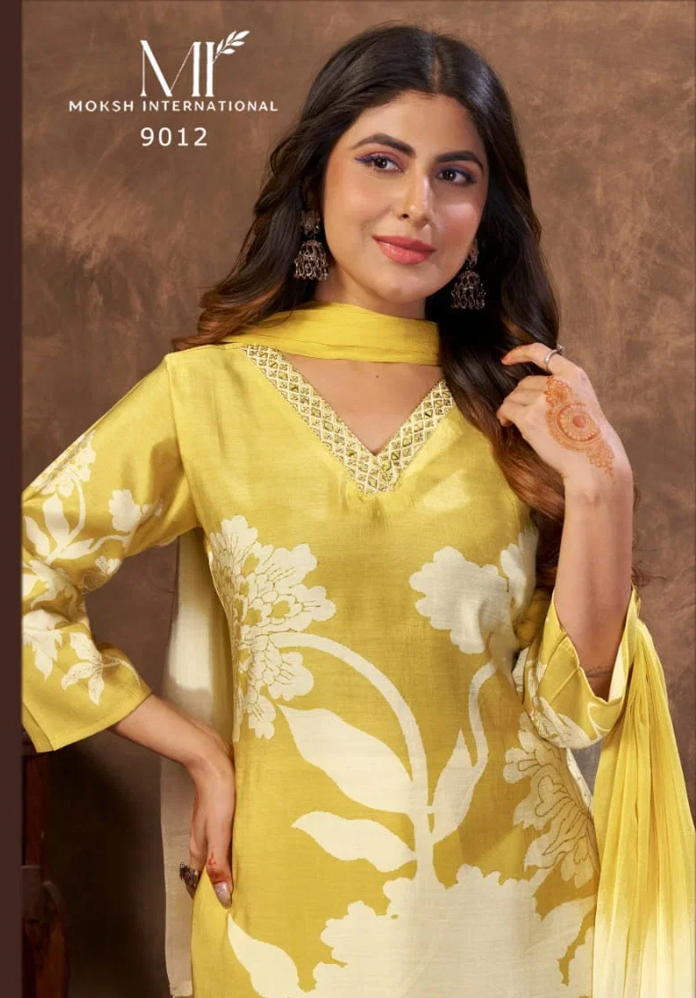 Moksh Kaashvi D No 9012 Chanderi Hand Worked Kurti With Bottom Dupatta