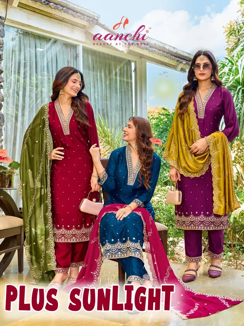 Aanchi Plus Sunlight Vichitra Silk Embroidered Kurti With Bottom Dupatta