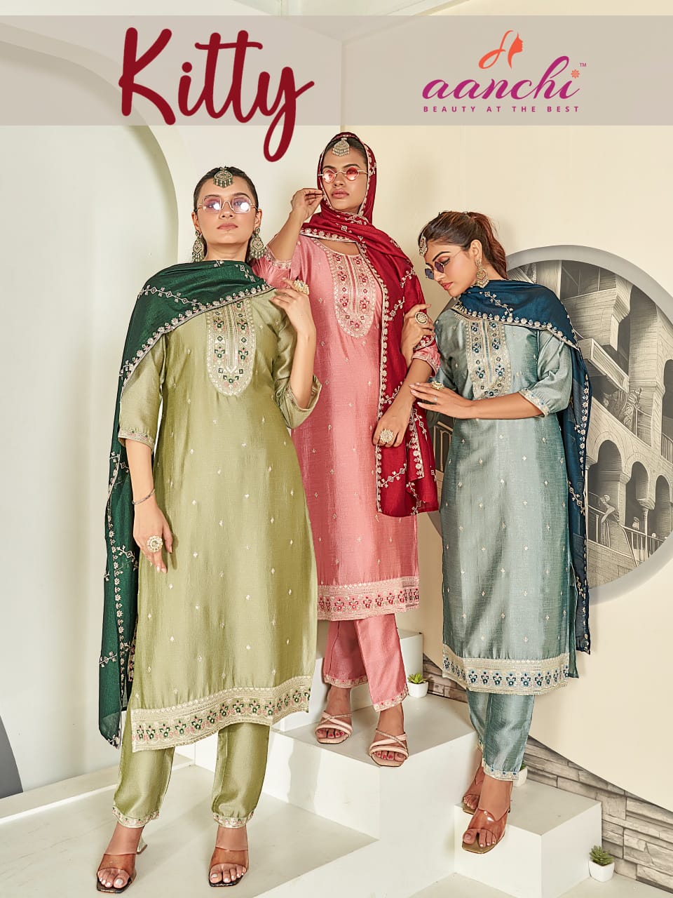 Aanchi Kitty Vichitra Silk Embroidered Kurti With Bottom Dupatta
