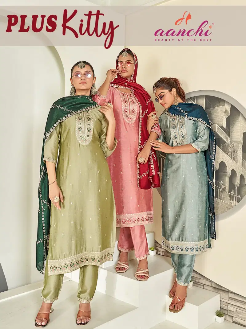 Aanchi Plus Kitty Vichitra Silk Embroidered Kurti With Bottom Dupatta