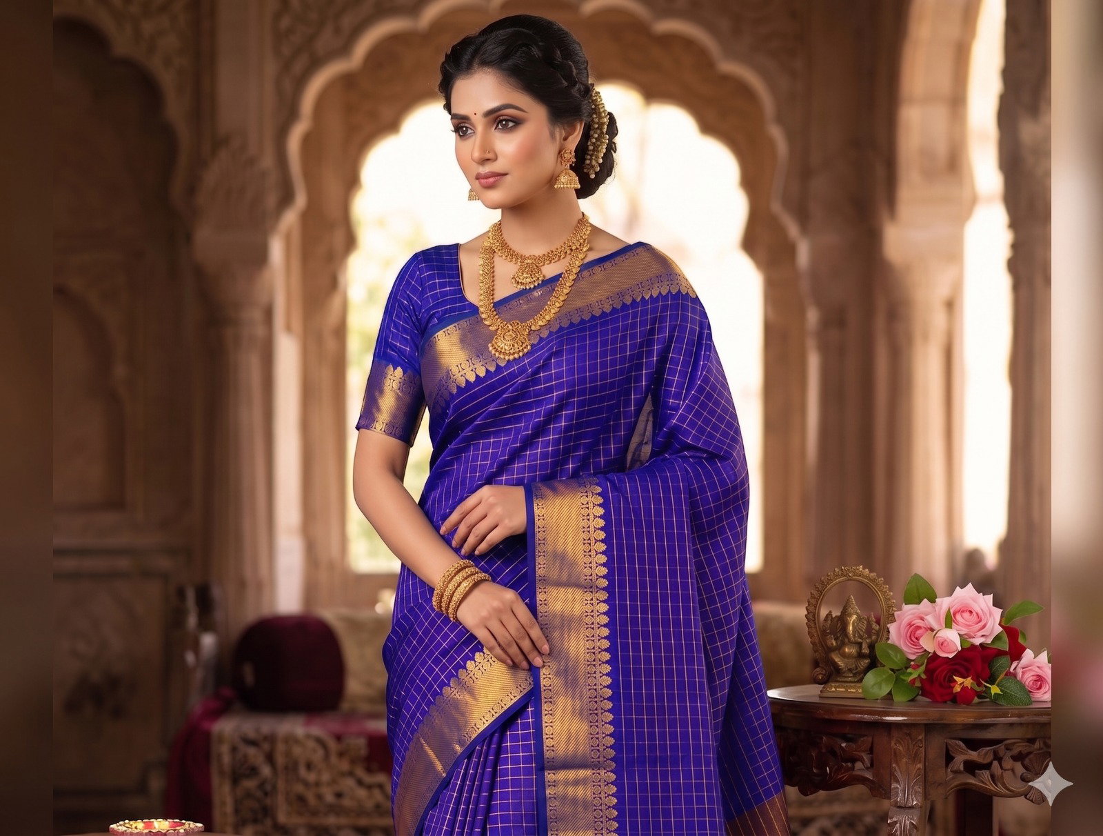 VLC Khanak Kanchivaram Silk Checks Zari Pattern Border Saree