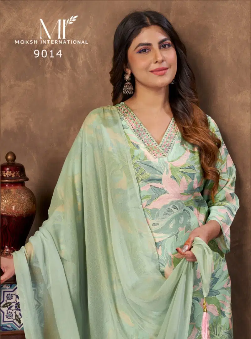 Moksh Kaashvi D No 9014 Chanderi Hand Worked Kurti With Bottom Dupatta