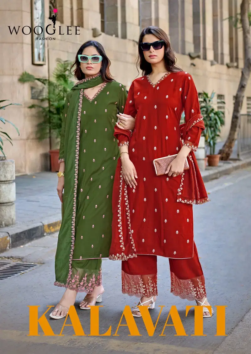 Wooglee Kalavati Rayon Thread Worked Kurti With Bottom Dupatta