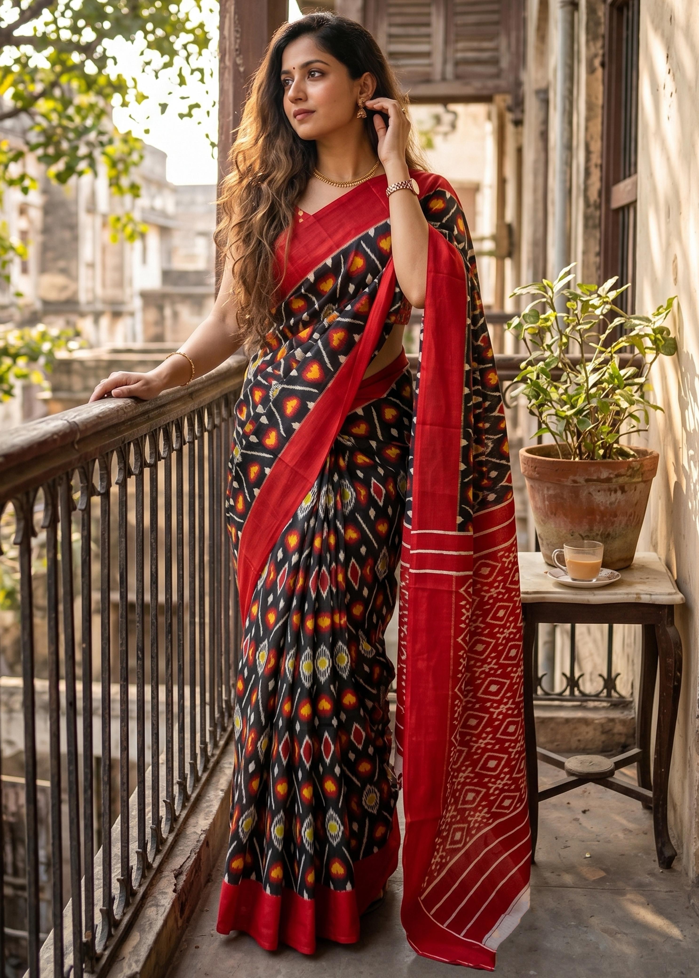 Sm Yami 103 Cotton Hand Block Ikkat Print Saree