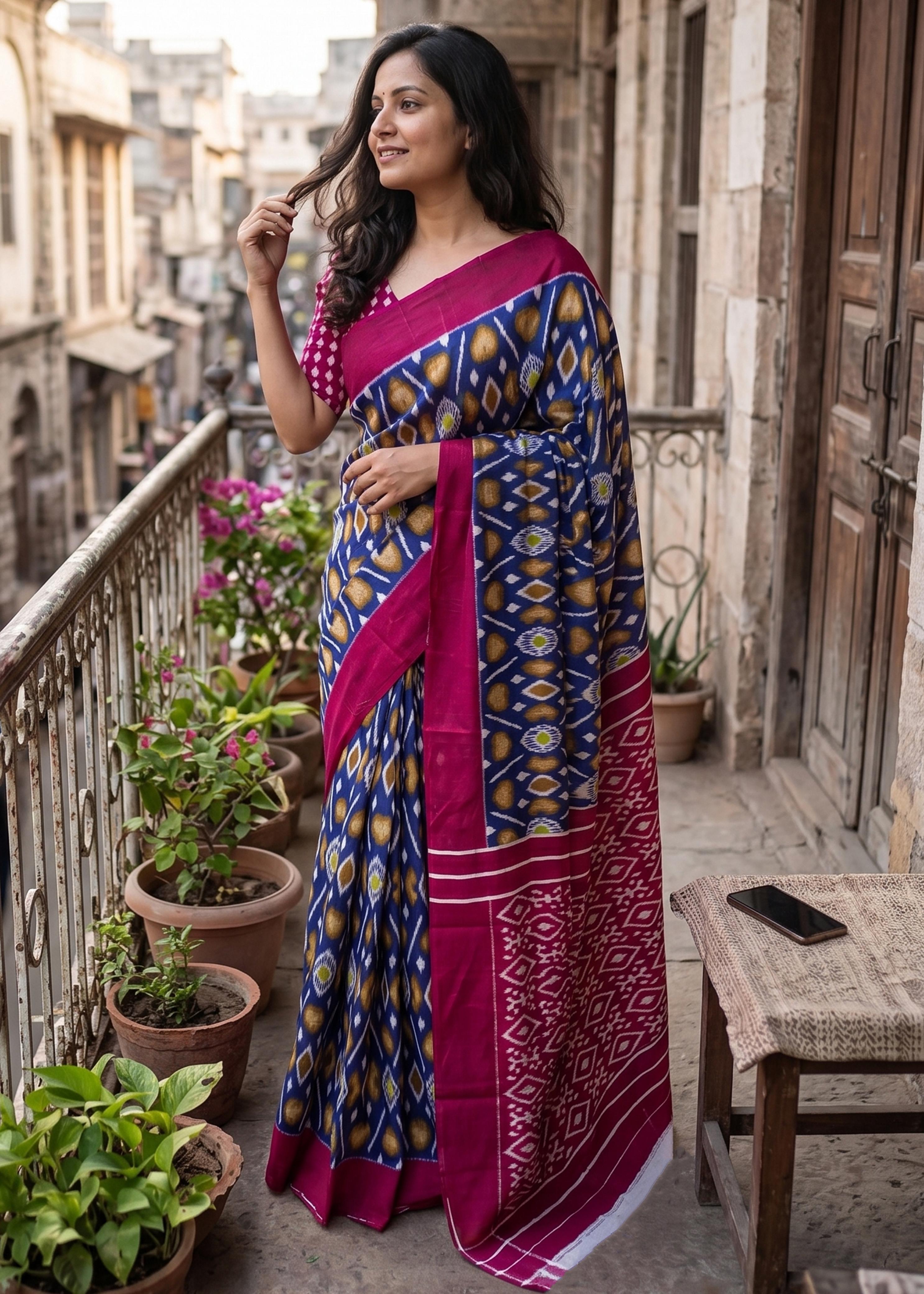 Sm Yami 103 Cotton Hand Block Ikkat Print Saree