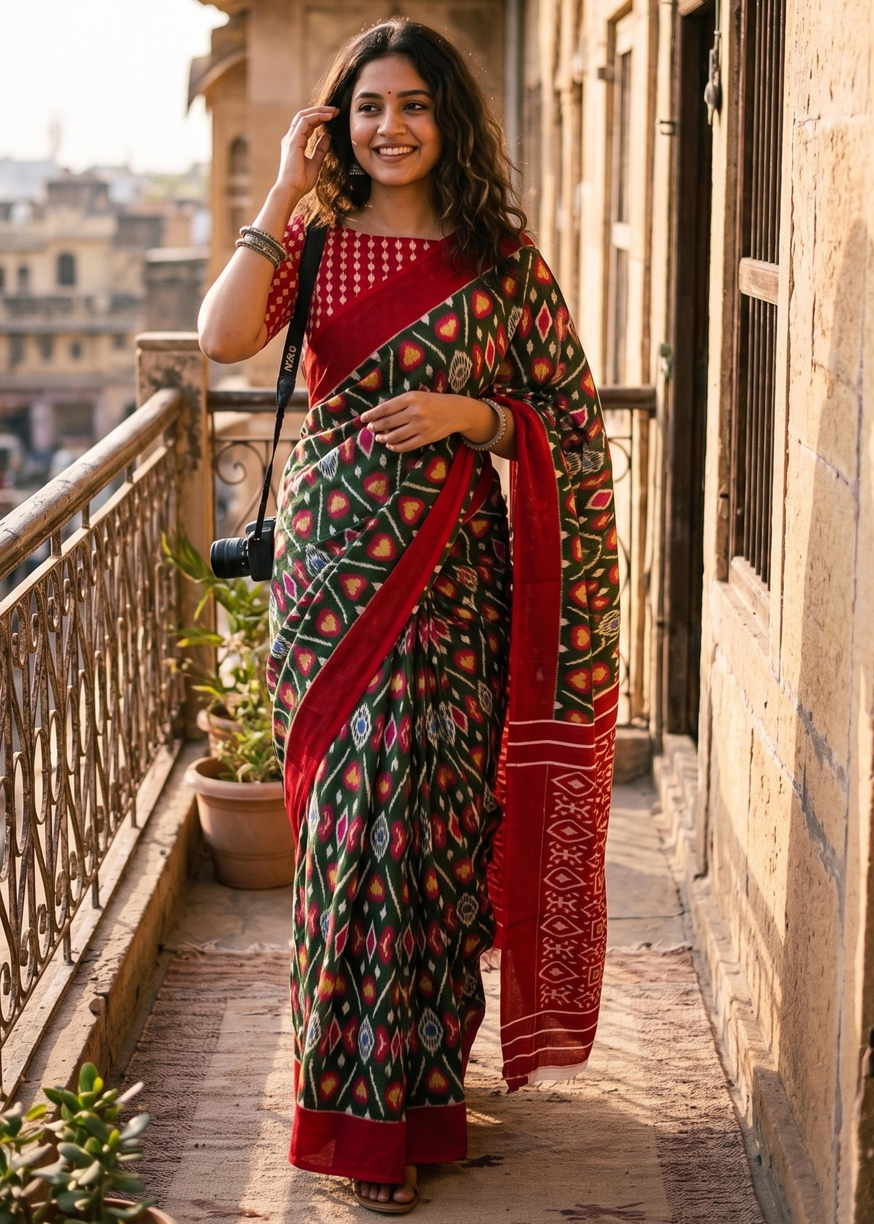Sm Yami 103 Cotton Hand Block Ikkat Print Saree