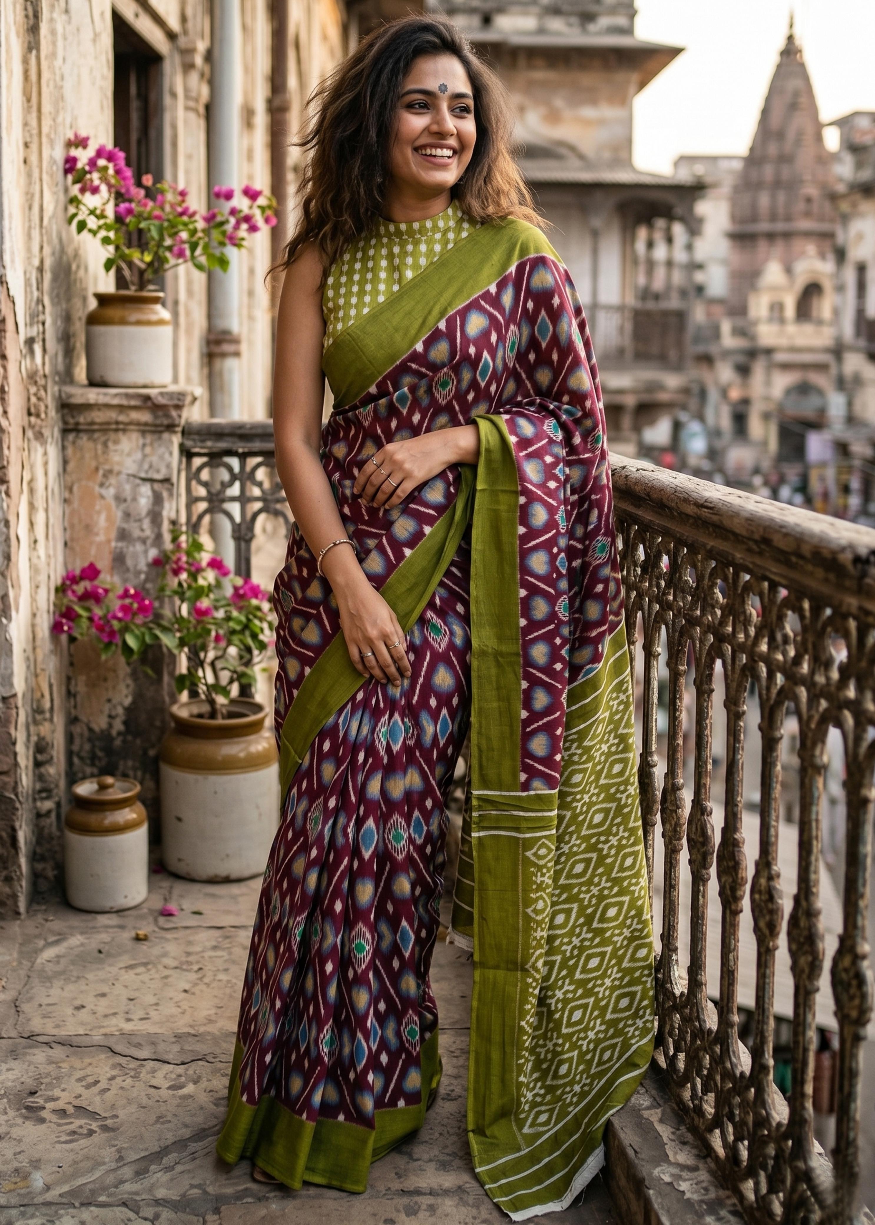 Sm Yami 103 Cotton Hand Block Ikkat Print Saree
