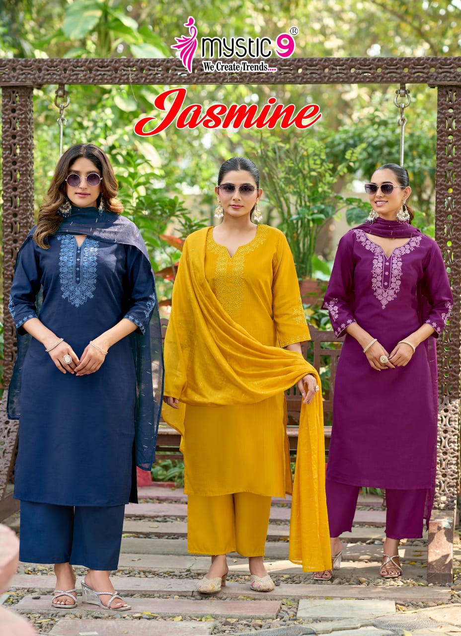 Mystic 9 Jasmine Vol 1 Premium Quality Vertican Fabric Top With Bottom And Dupatta