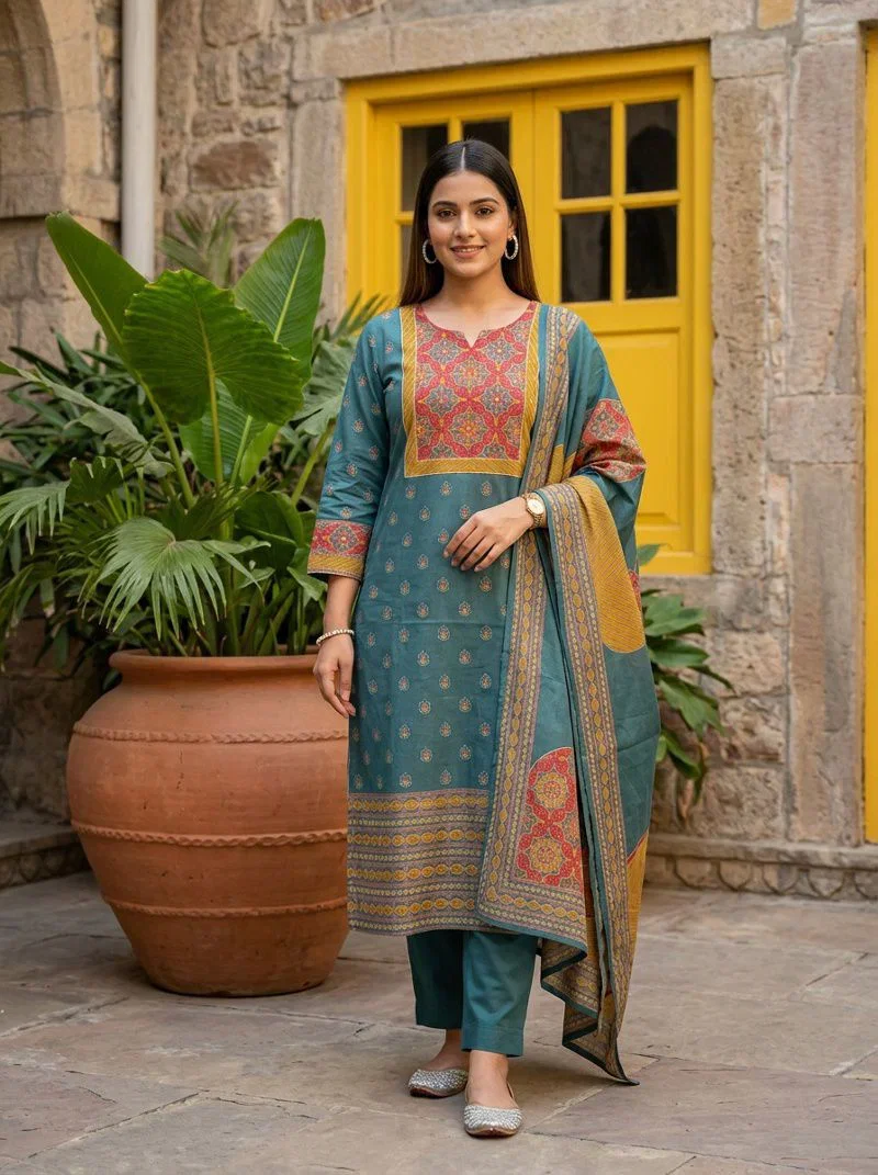 Naisha K 969 Cotton Muslin Kurti With Pant Dupatta
