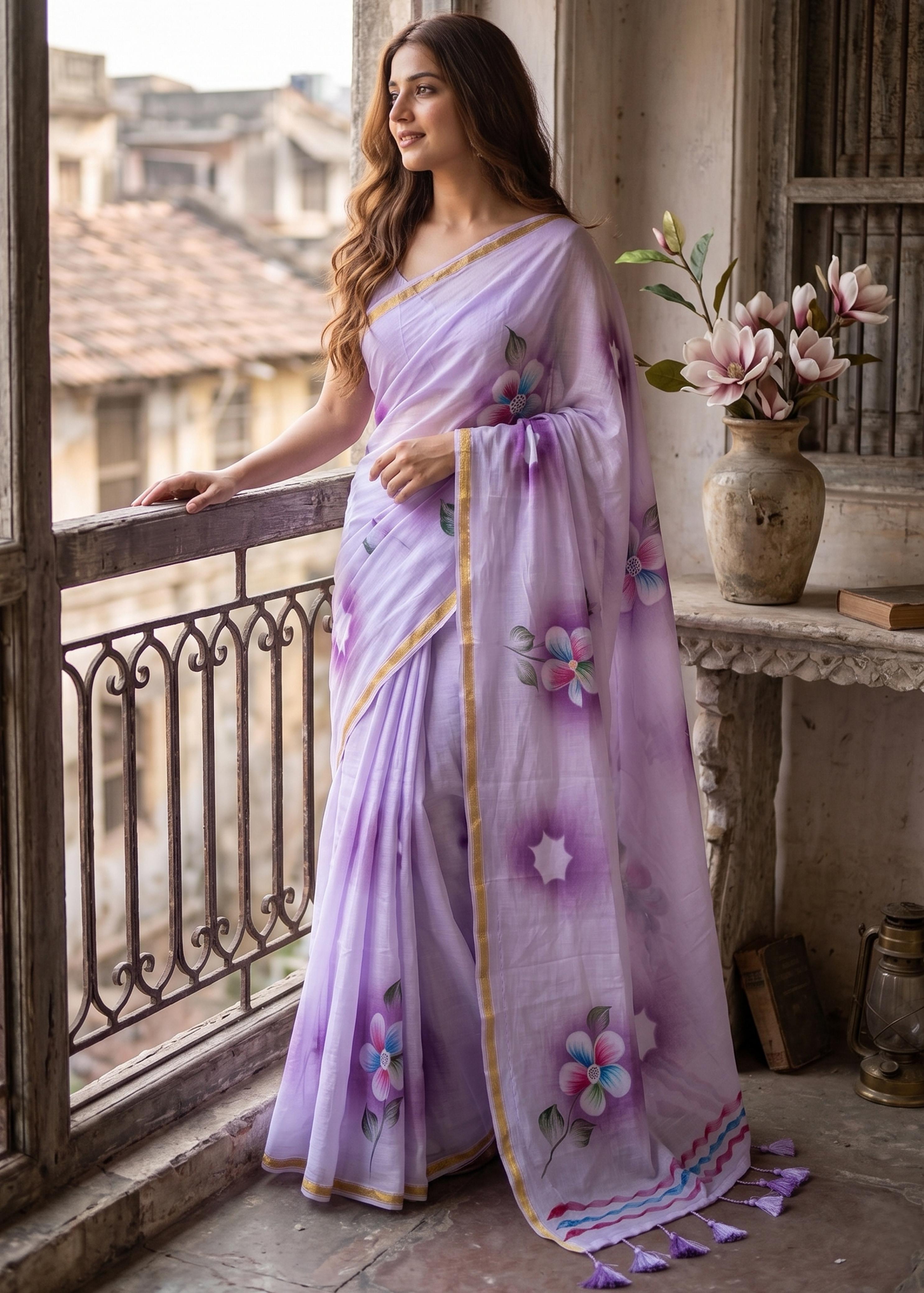 Sm Yami 104 Muslin Cotton Heavy Zari Border Hand Paint Saree