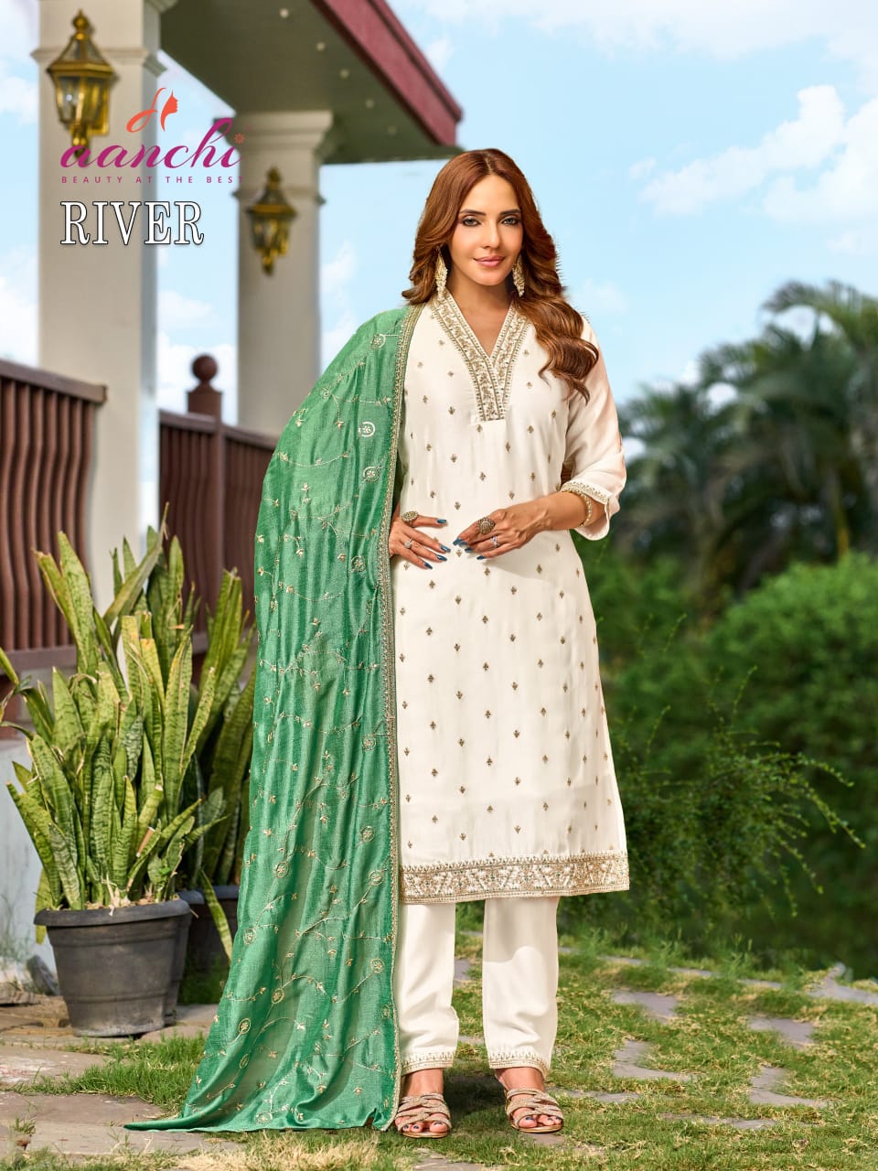 Aanchi River Vichitra Silk Embroidered Kurti With Bottom Dupatta