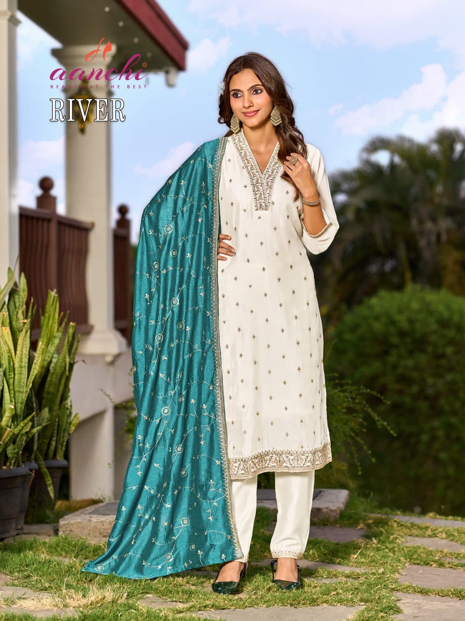 Aanchi River Vichitra Silk Embroidered Kurti With Bottom Dupatta