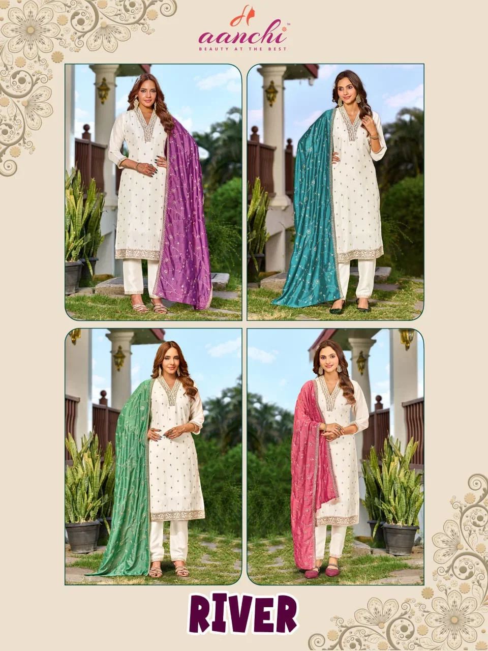 Aanchi River Vichitra Silk Embroidered Kurti With Bottom Dupatta