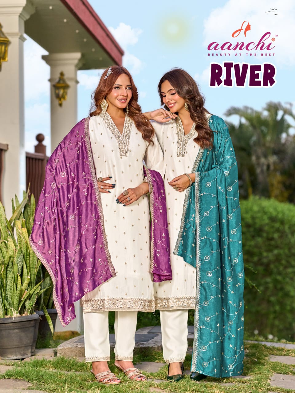 Aanchi River Vichitra Silk Embroidered Kurti With Bottom Dupatta