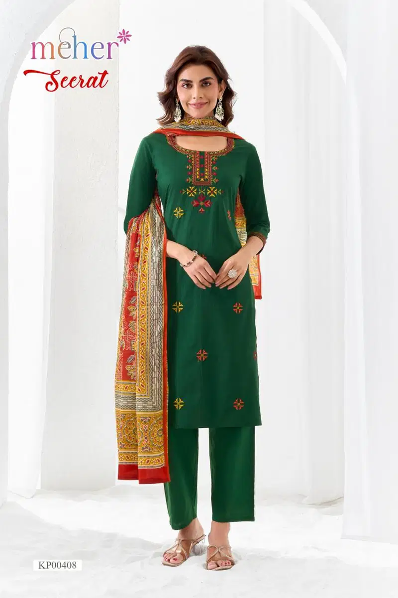 Meher Seerat Cotton Dhabu Embroidered Kurti With Bottom Dupatta