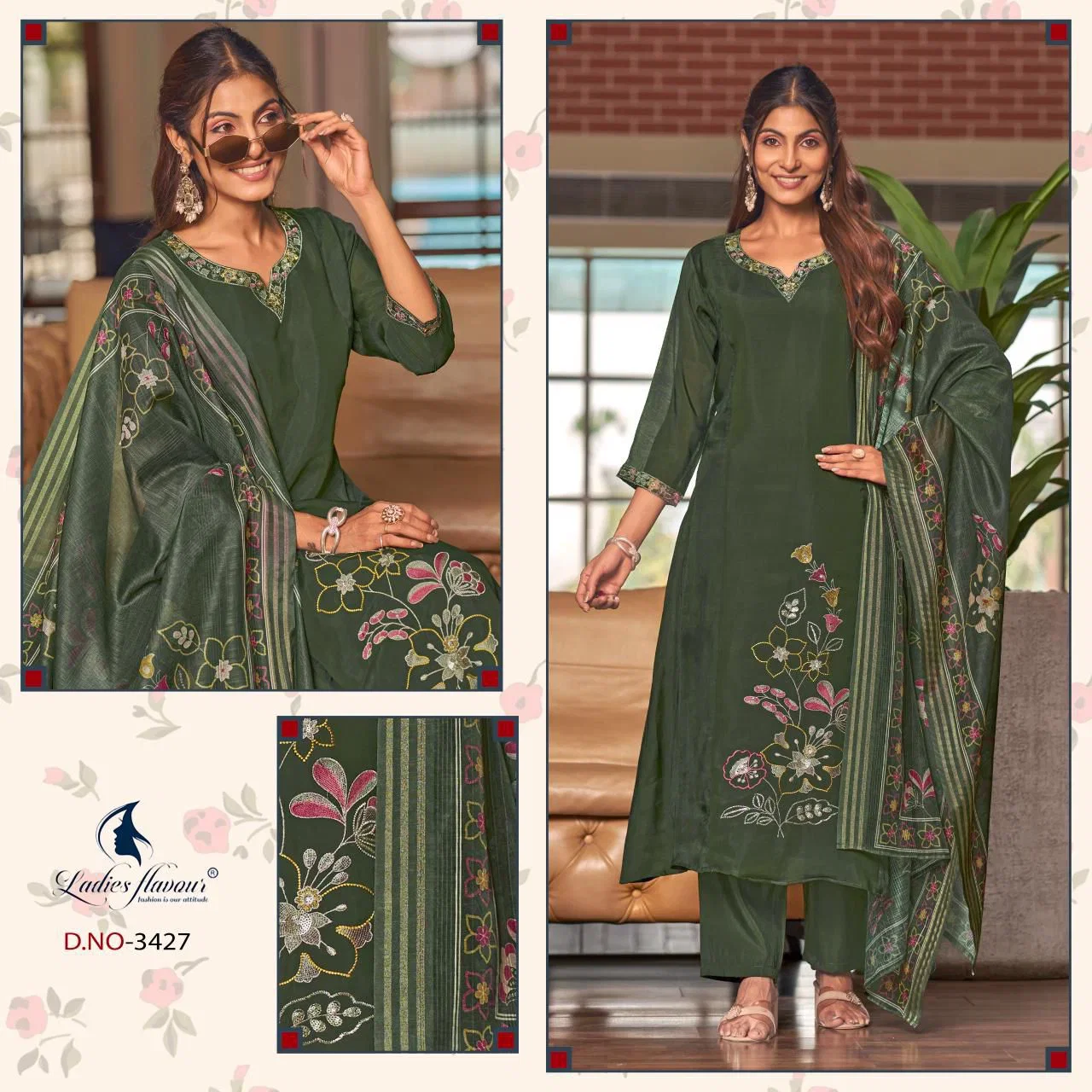 Ladies Flavour 3427 To 3429 Mul Chanderi Embroidered Kurti With Bottom Dupatta