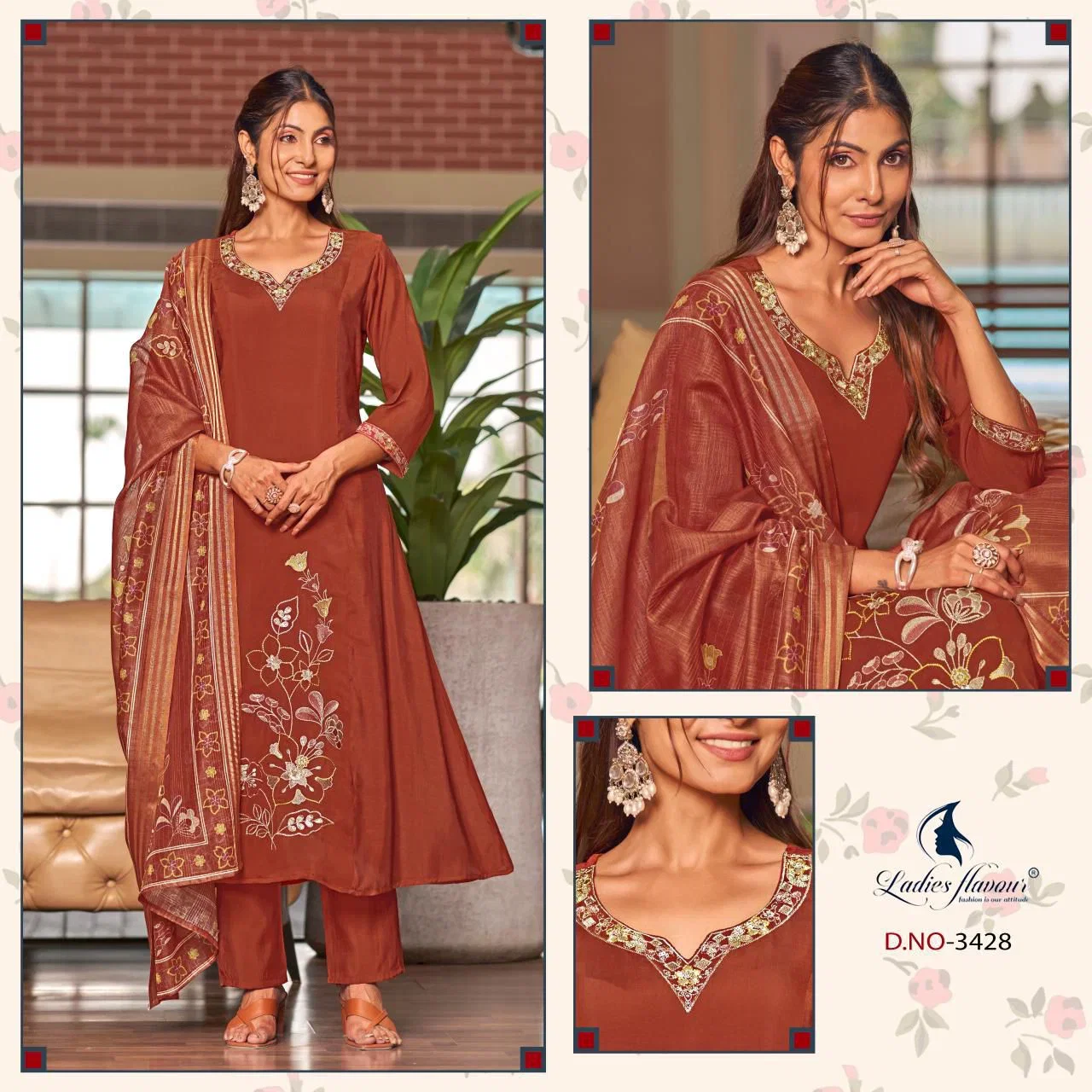 Ladies Flavour 3427 To 3429 Mul Chanderi Embroidered Kurti With Bottom Dupatta