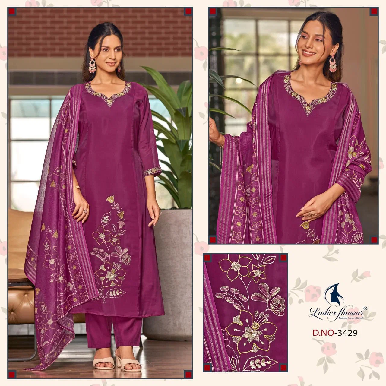 Ladies Flavour 3427 To 3429 Mul Chanderi Embroidered Kurti With Bottom Dupatta