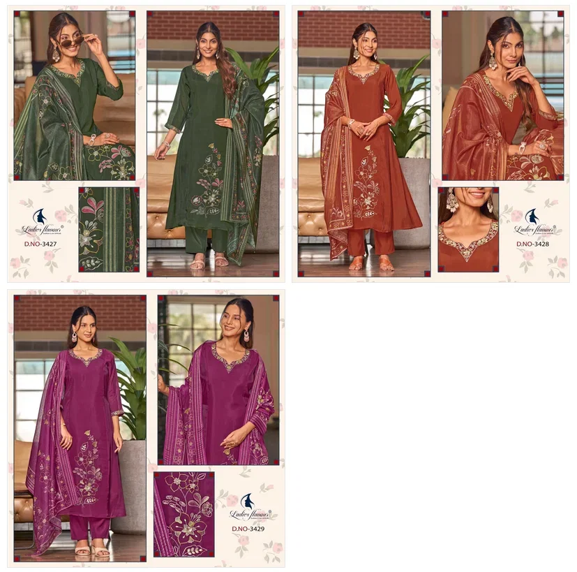 Ladies Flavour 3427 To 3429 Mul Chanderi Embroidered Kurti With Bottom Dupatta