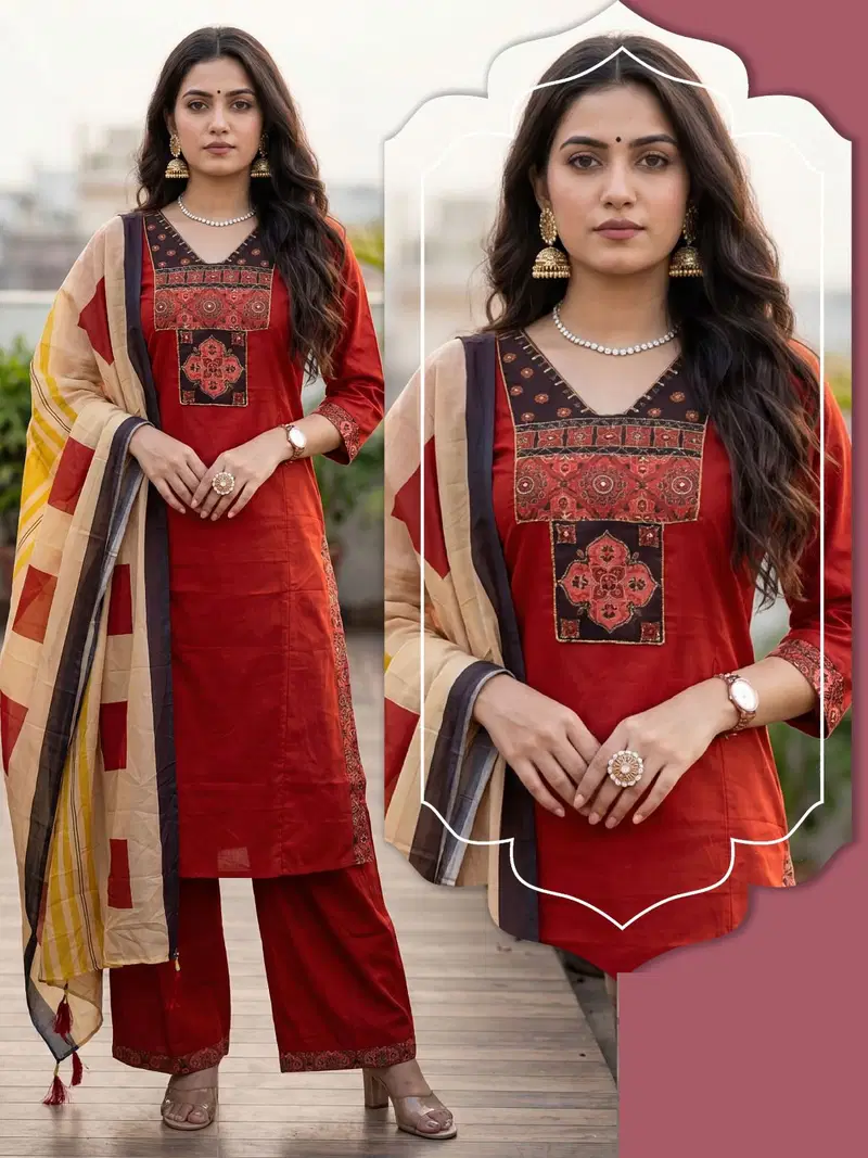 Naisha K 973 Dhabu Cotton Manual Work Kurti With Bottom Dupatta