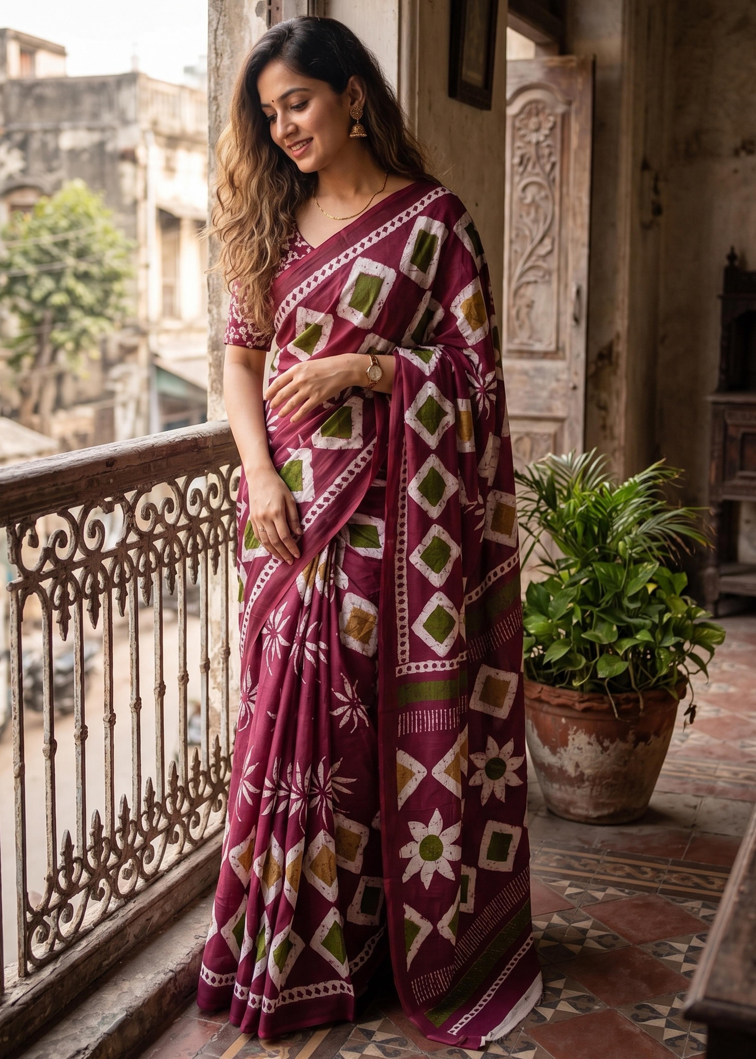 Sm Yami 106 Mal Cotton Batik Hand Block Print Saree