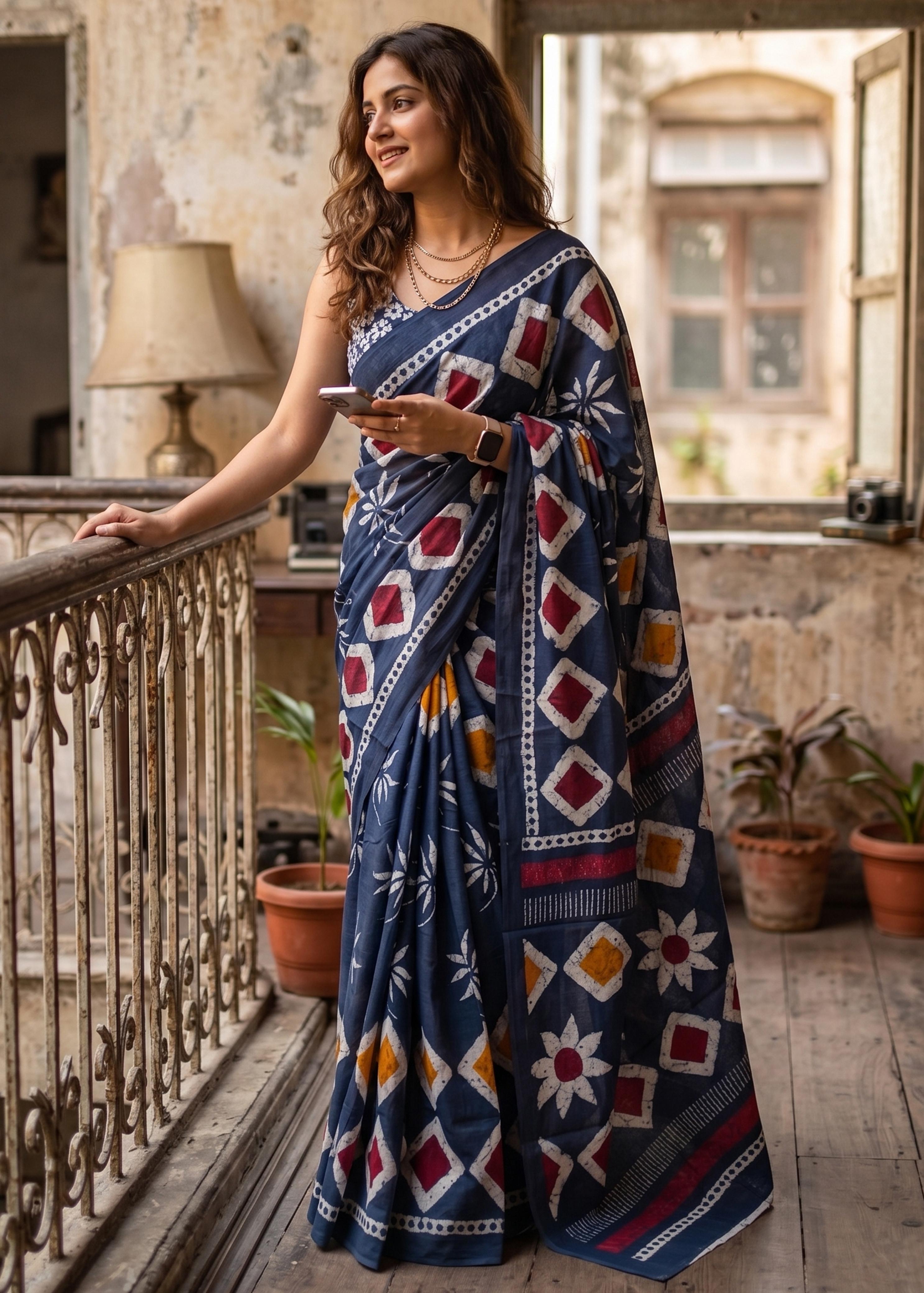 Sm Yami 106 Mal Cotton Batik Hand Block Print Saree