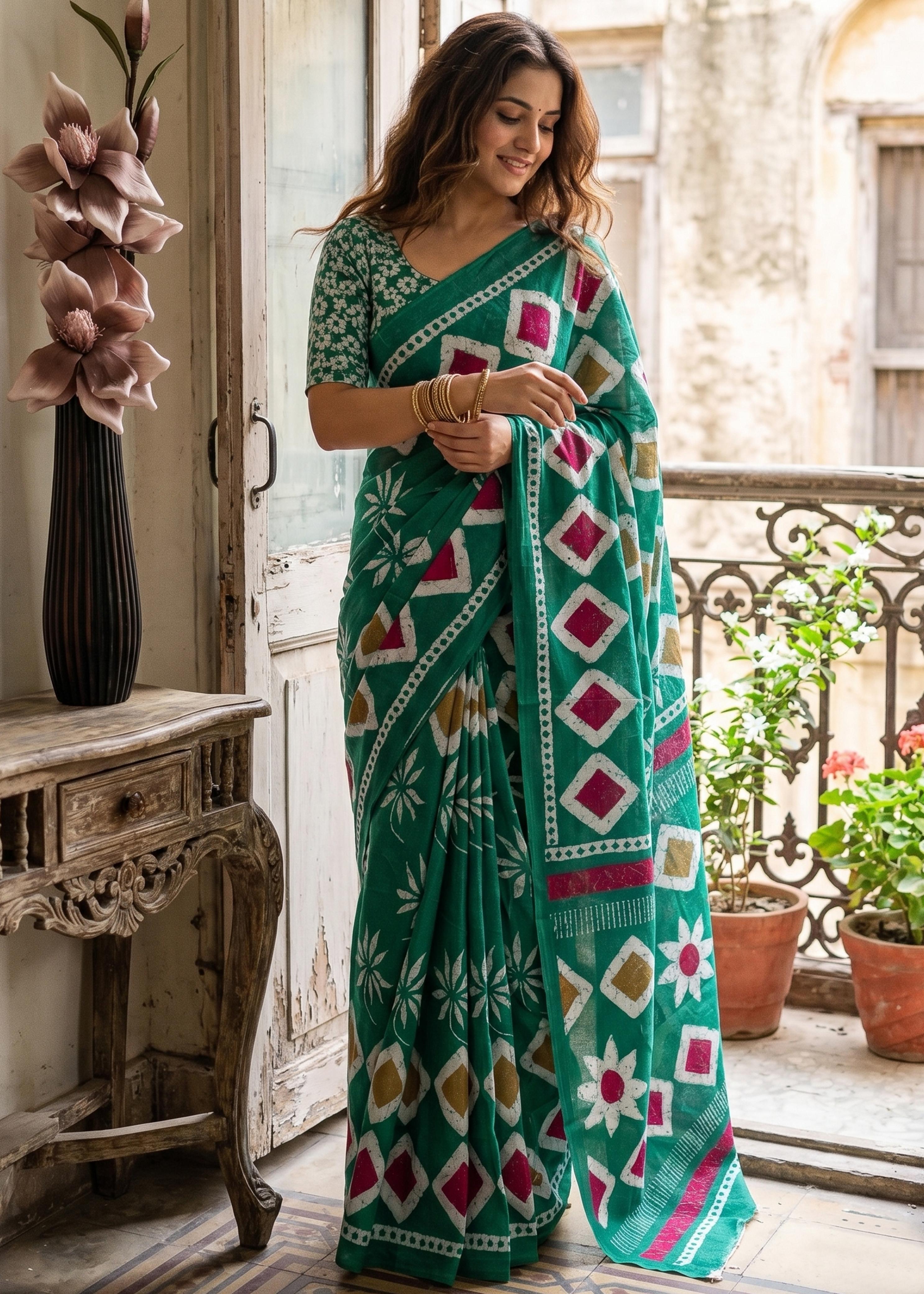 Sm Yami 106 Mal Cotton Batik Hand Block Print Saree
