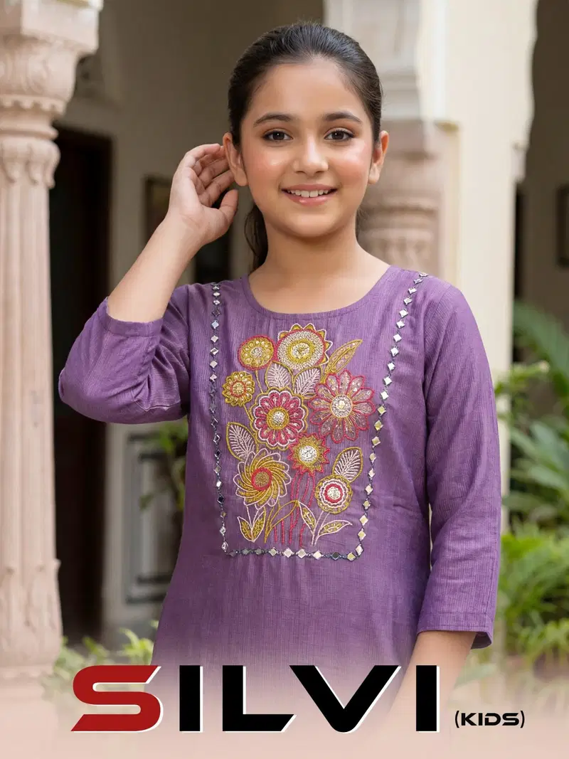 Silvi Kids Gadwal Silk Embroidered Kurti With Bottom Dupatta