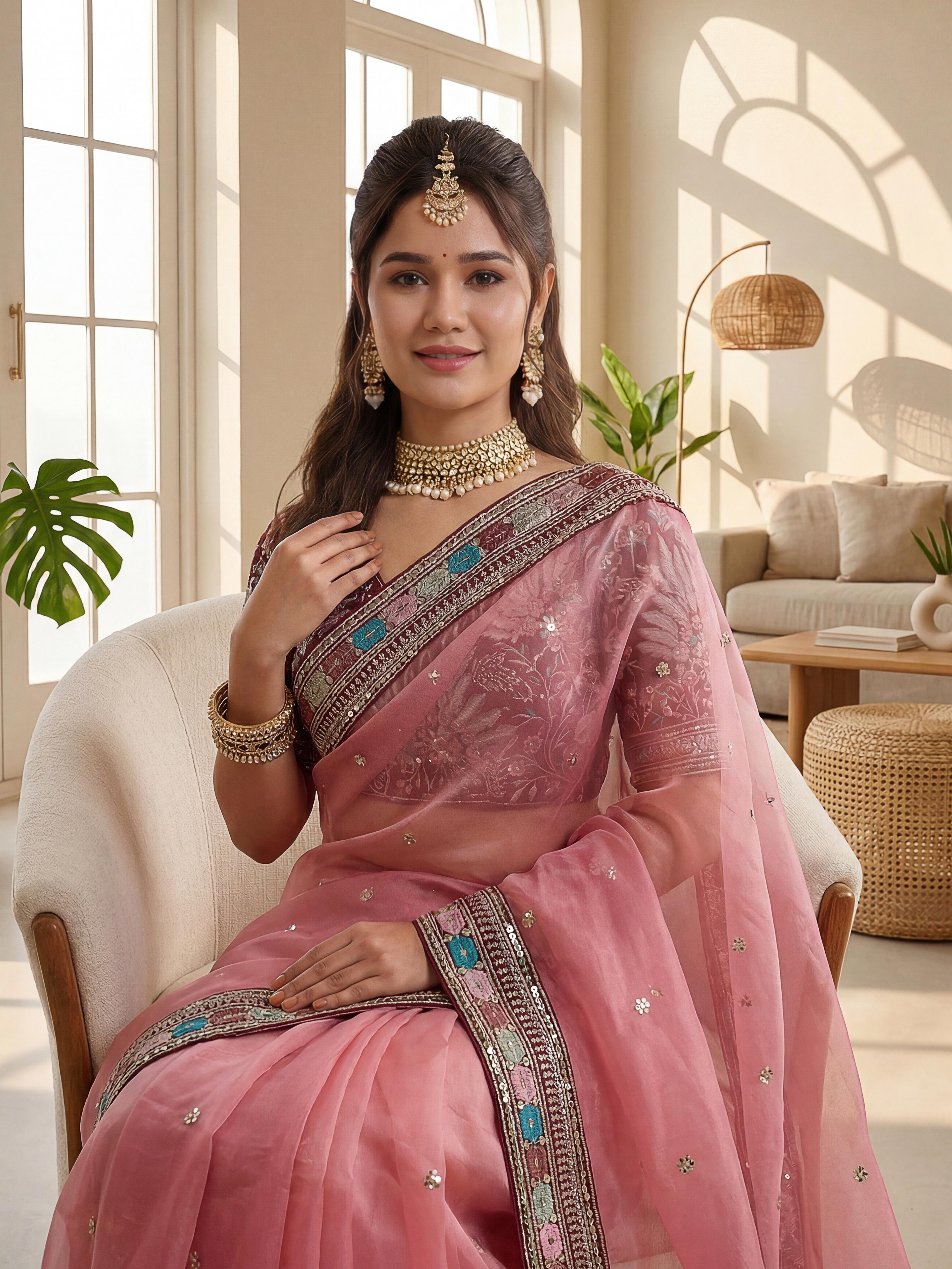 DV 5045 Orgenza Silk Embroidery Design Work With Embroidery Lace Border Saree Collection 